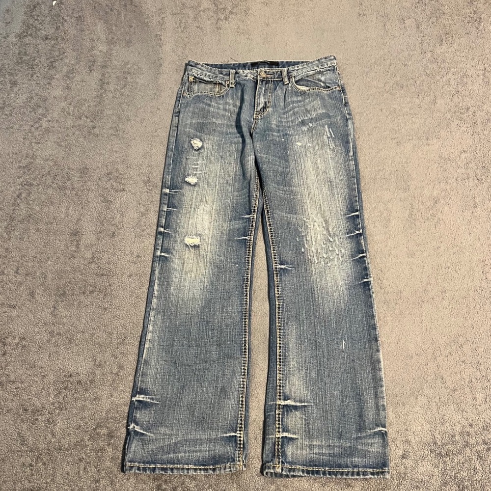 Vintage Y2K Black Mens Distressed Straight Leg Jeans Blue Denim 31x32 Grunge